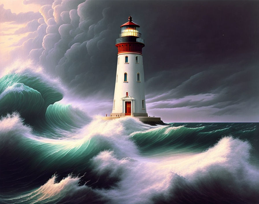 Resilient lighthouse on rocky outcrop in stormy sea