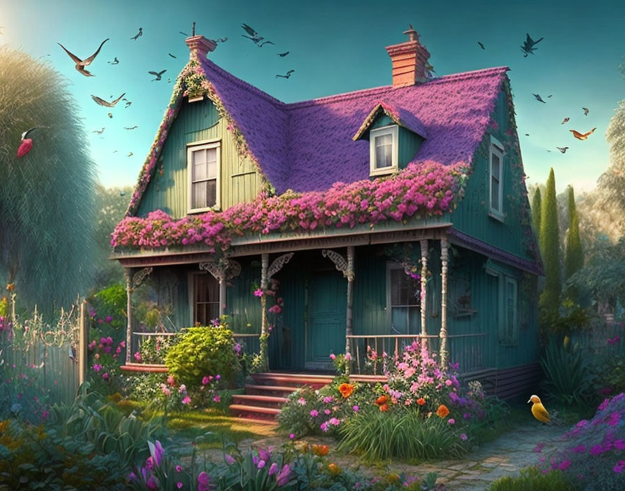 Charming blue house with purple roof, pink flowers, and vibrant garden scene