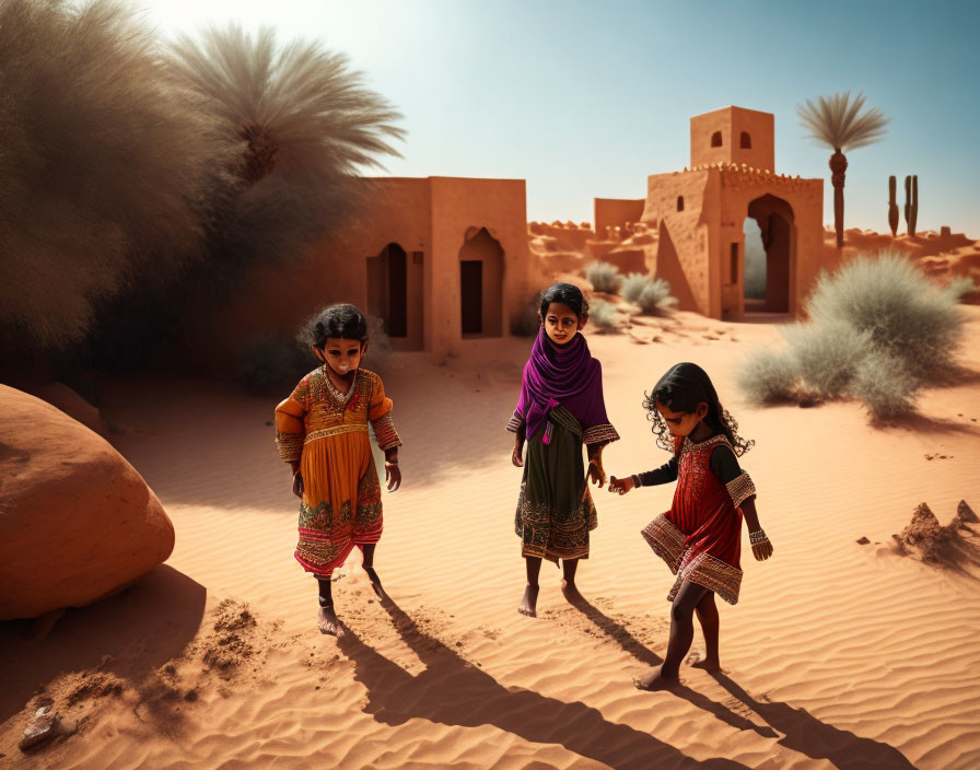 Three young girls in traditional clothing walking in desert with palm trees and mud-brick buildings.