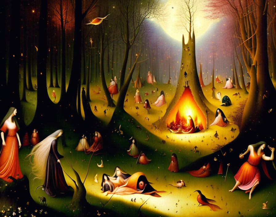 Enchanting forest scene with humanoid figures and animals around a central fire