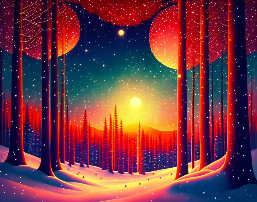 Surreal landscape with red trees, starry sky, and luminous moon