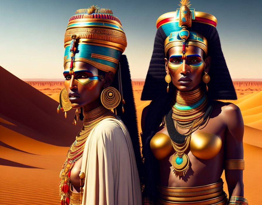 Ancient Egyptian-themed women in desert setting