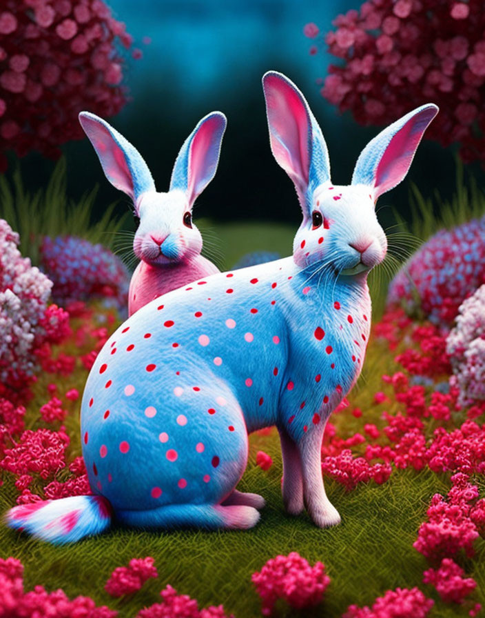 Whimsical blue rabbits with pink and red spots in a floral setting