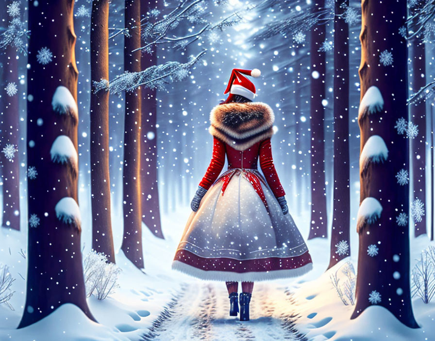 Person in red cloak with Santa hat on snowy forest path under falling snowflakes