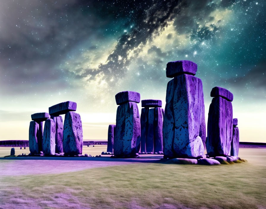 Surreal Stonehenge Scene with Purple and Teal Hues