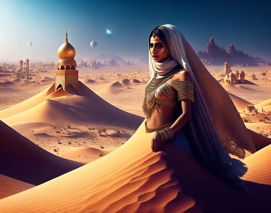 Digital artwork: Woman in traditional attire on desert dune with intricate buildings & crescent moon.