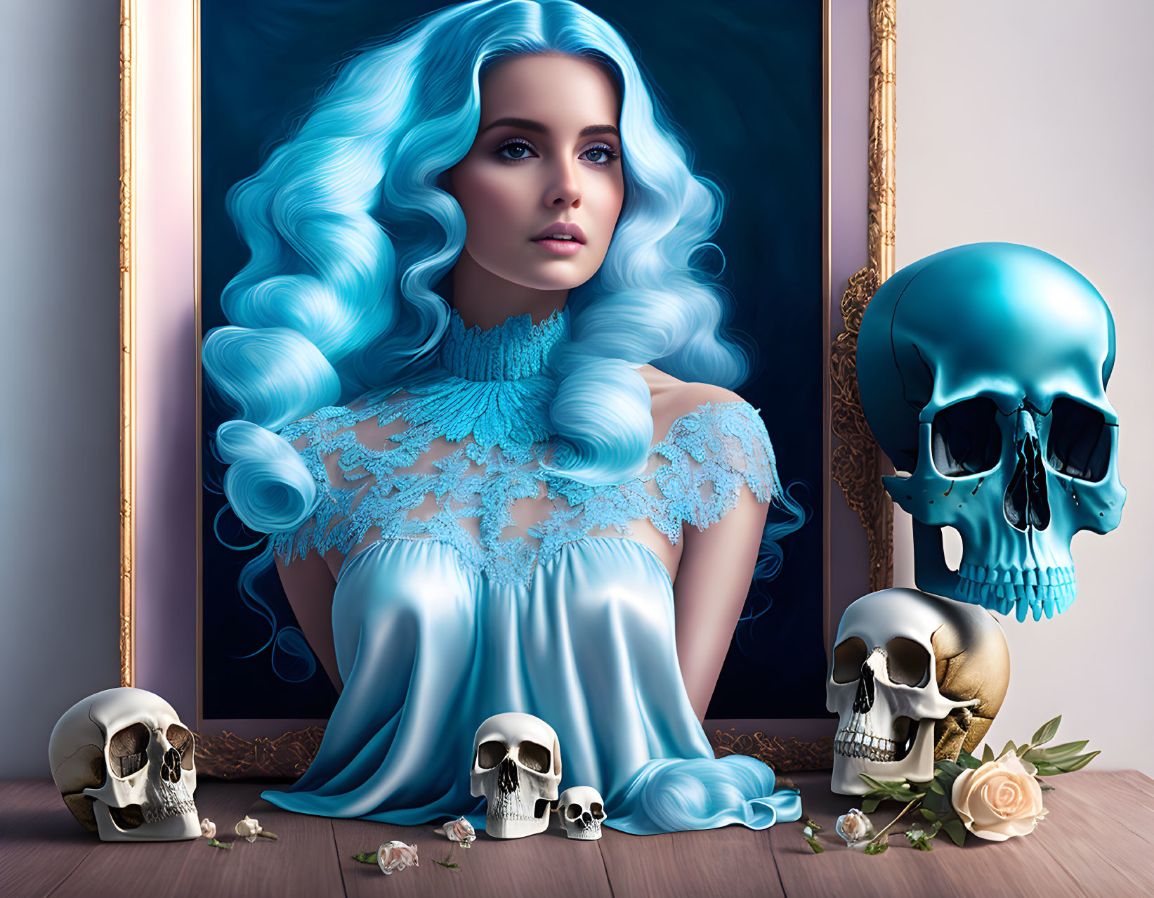 Digital artwork: Woman with blue hair and dress, skulls, and mirror.