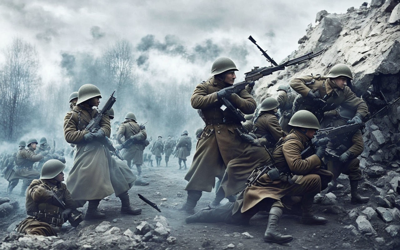 Historical soldiers in uniforms on smoky battlefield with ruins.