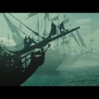 Fierce sea battle: Pirate ships, stormy sky, canons, billowing sails