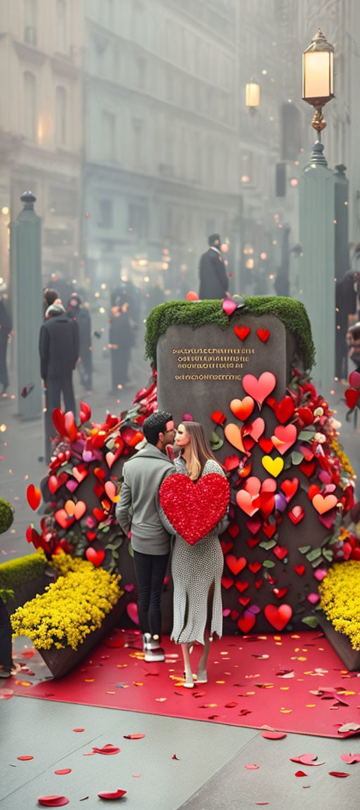 Romantic couple embracing near heart structure with red petals on misty city street