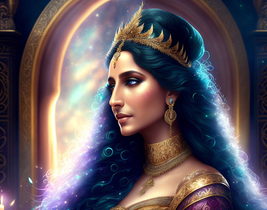 Regal woman with blue hair and golden crown in cosmic setting