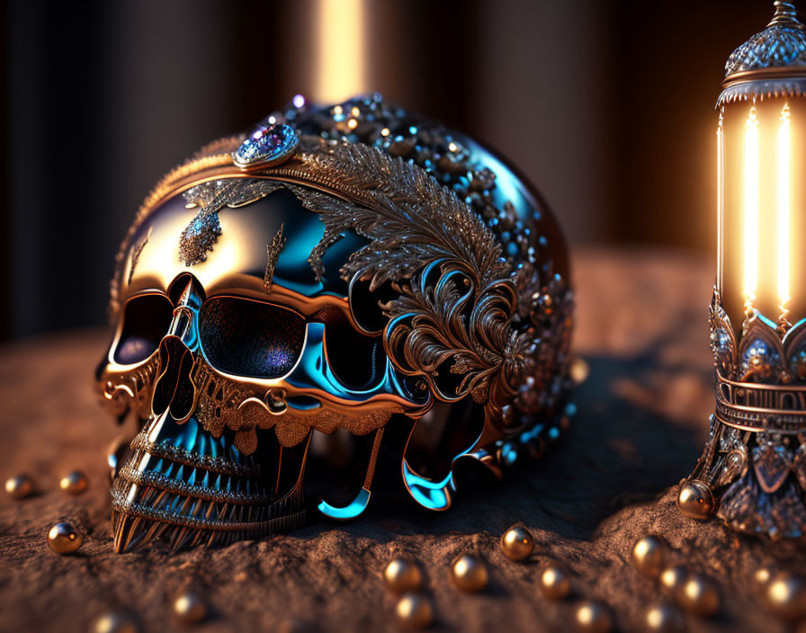 Intricate metalwork skull with blue gemstones and lantern on wooden surface