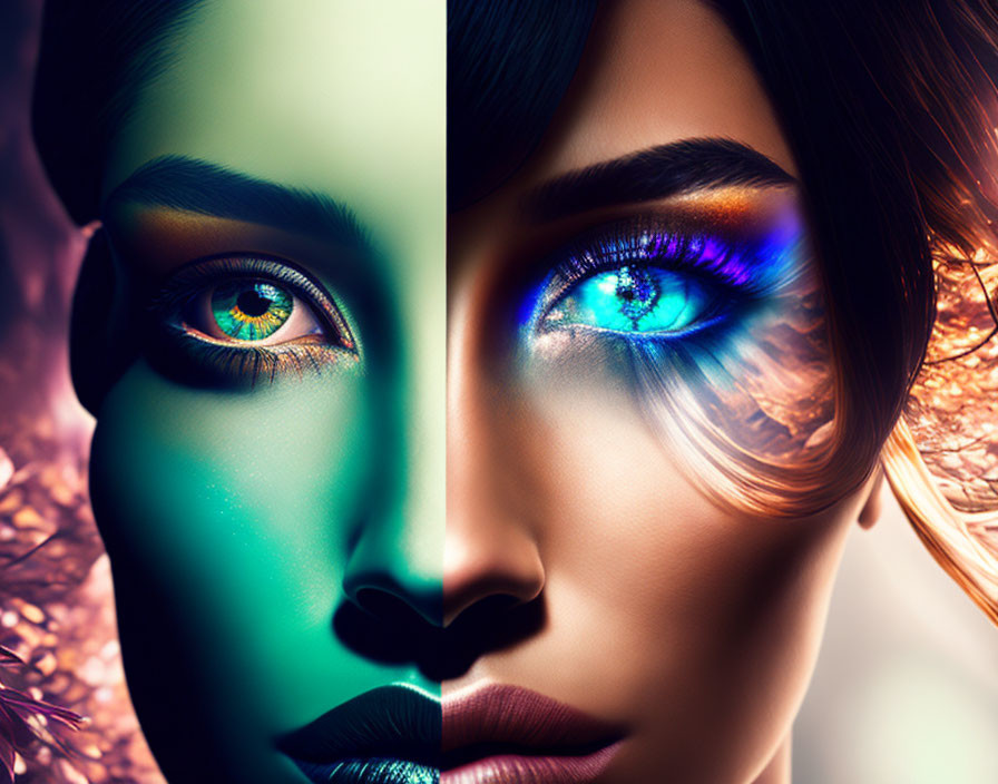 Dual-toned portrait of women with vibrant eye makeup in cool and warm colors