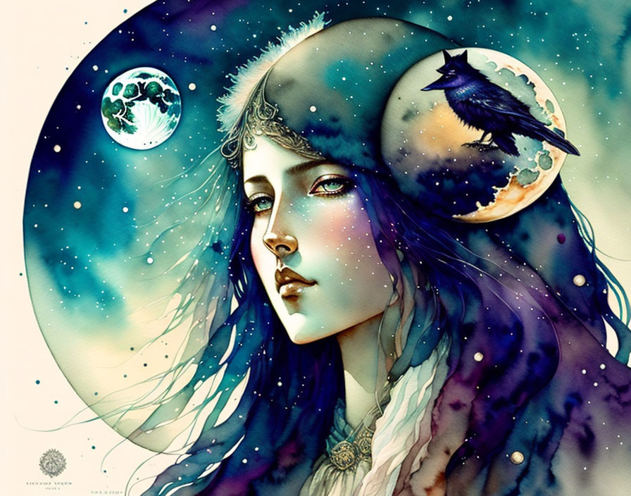 Stylized painting of woman with cosmic elements