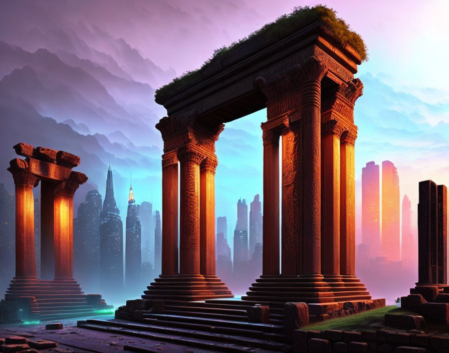 Ornate ancient archway in ruins contrasts with futuristic city skyline at twilight