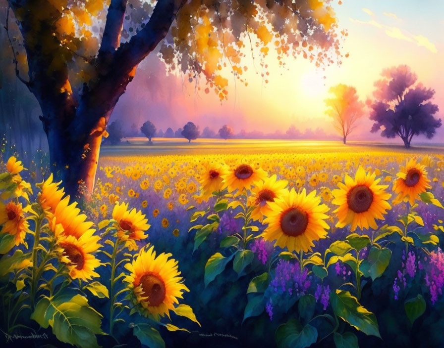 Sunflower Field Painting: Sunset with Purple Wildflowers