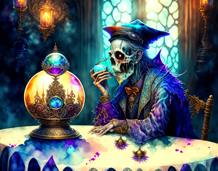 Skeleton in regal attire with cup and mystical orb in eerie setting.