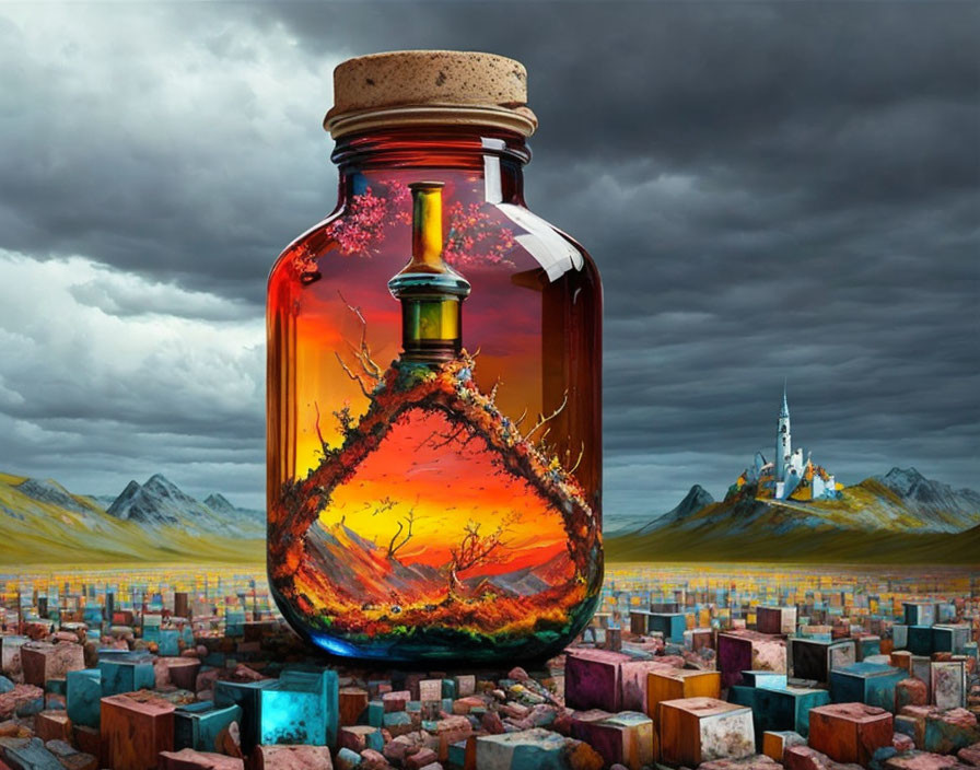 Fantasy landscape with potion bottle, fiery world, castle, cubes, stormy sky