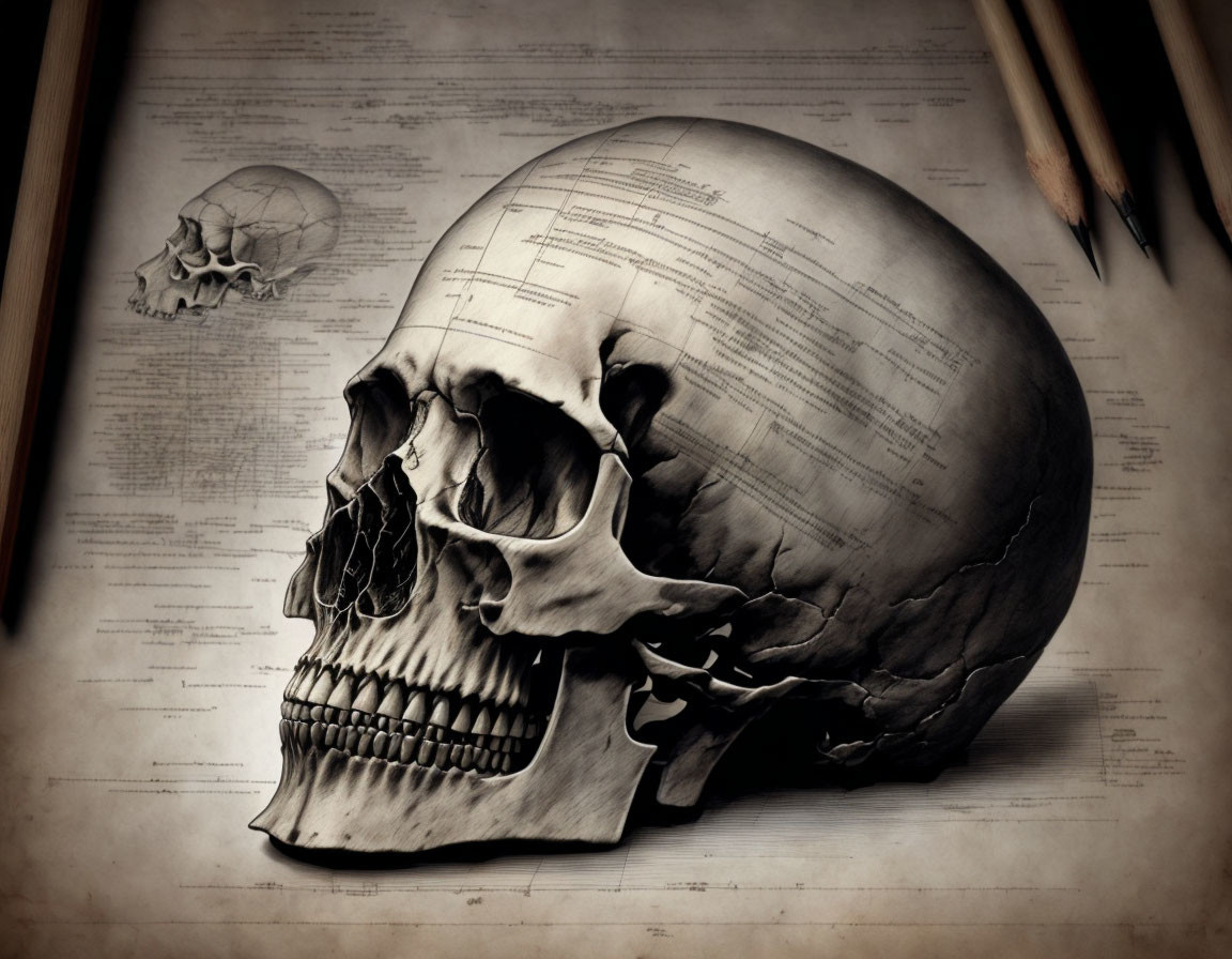 Human skull on sheet music with pencils and shading tools