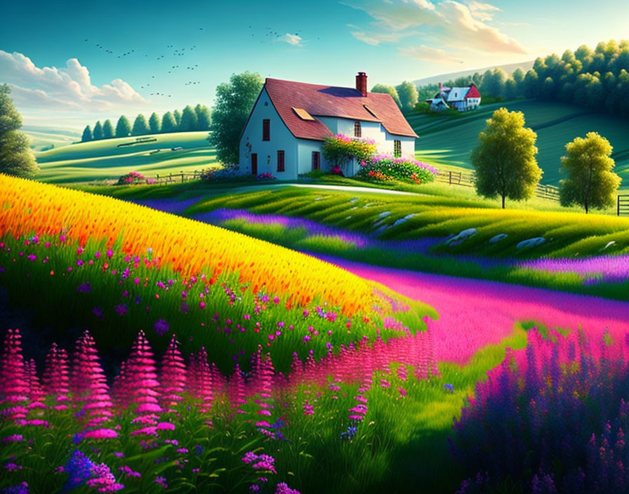 Colorful Floral Fields and Rolling Hills Landscape Scene