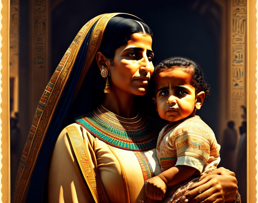 Digital painting: Woman in Egyptian attire with child against hieroglyphic backdrop