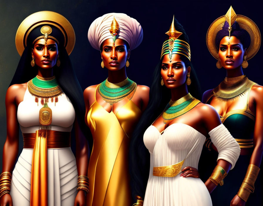 Illustrated women in ancient Egyptian attire and headpieces standing side by side