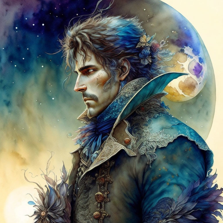 Illustrated male figure in blue ornate jacket against cosmic backdrop