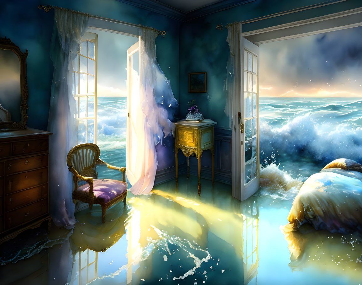 Surreal bedroom with walls merging into seascape and ghostly ship silhouette