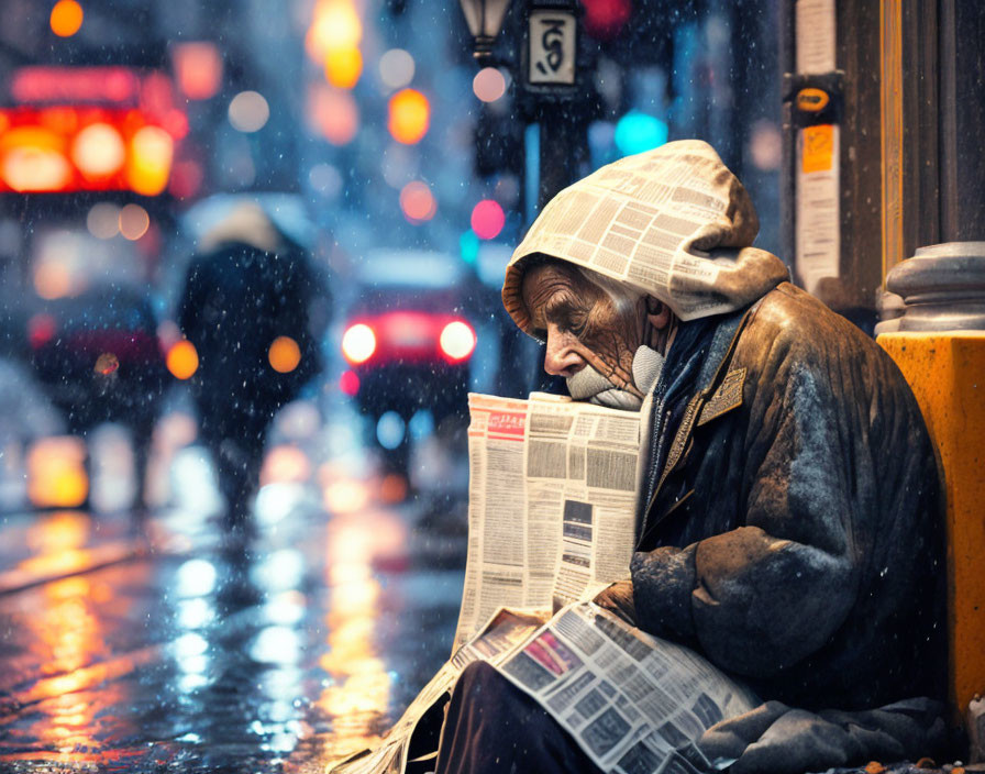 Person in hooded coat reads newspaper in snowy evening with bokeh lights.