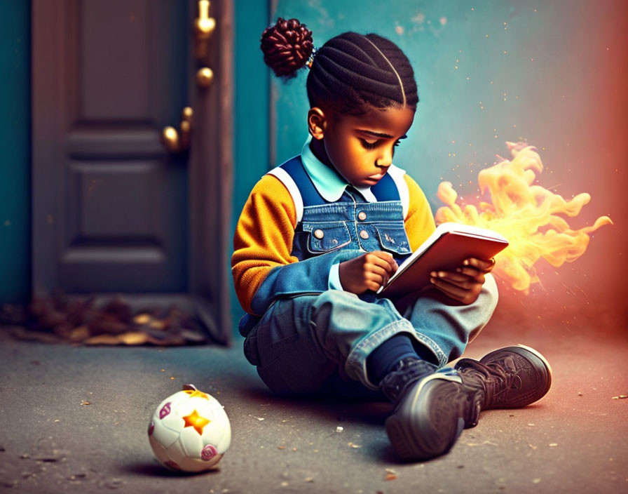 Child Reading Book with Fiery Illustrations Next to Soccer Ball