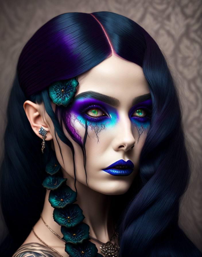 Woman with Blue & Purple Makeup, Deep Blue Hair & Jeweled Accessories