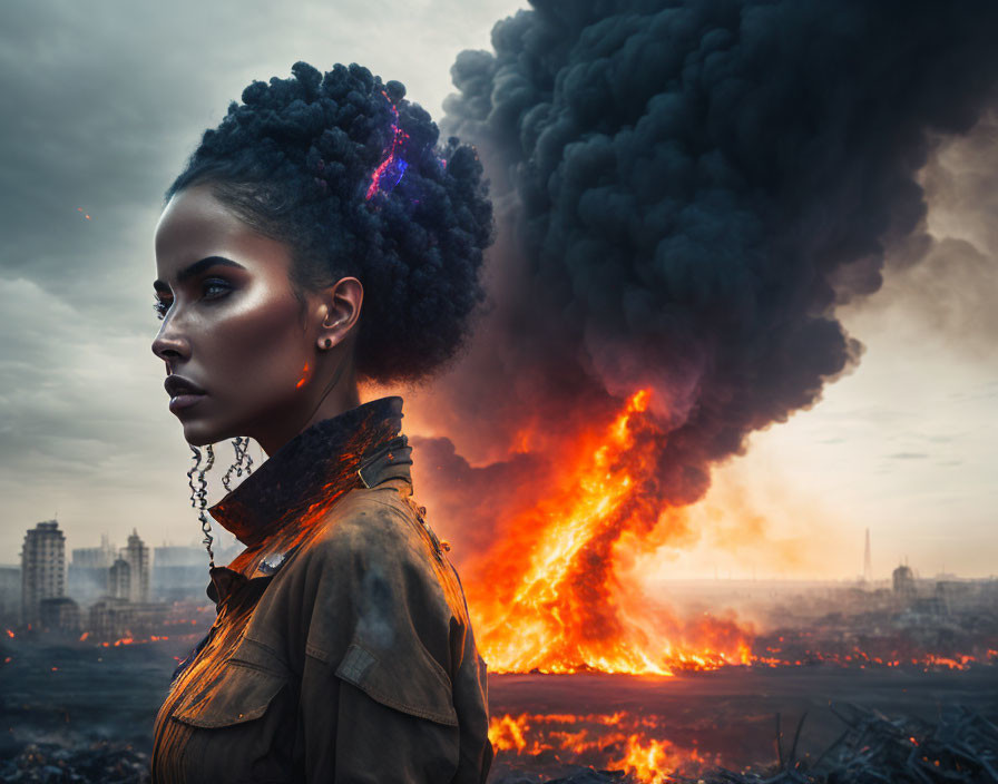 Elaborate hairstyle woman in front of catastrophic fire and smoke.