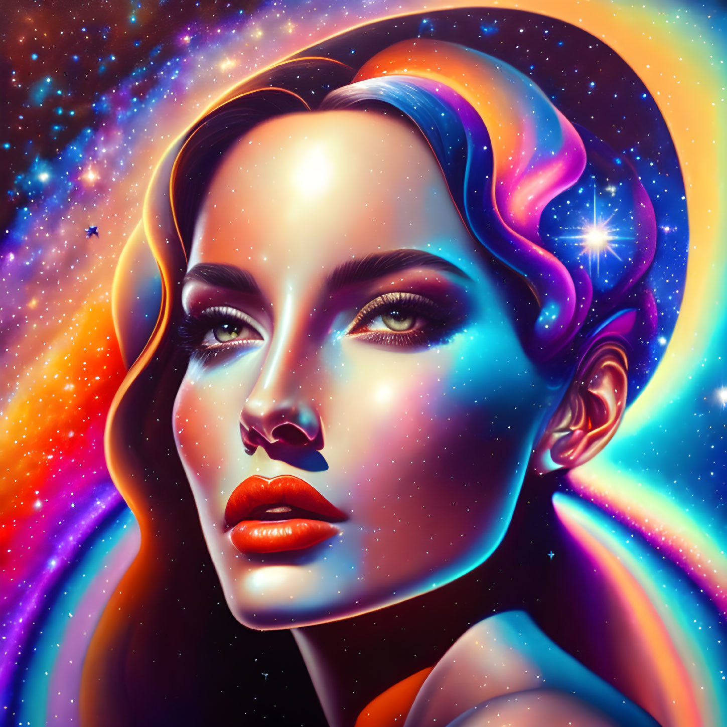 Digital portrait of a woman with cosmic-themed skin and starry background