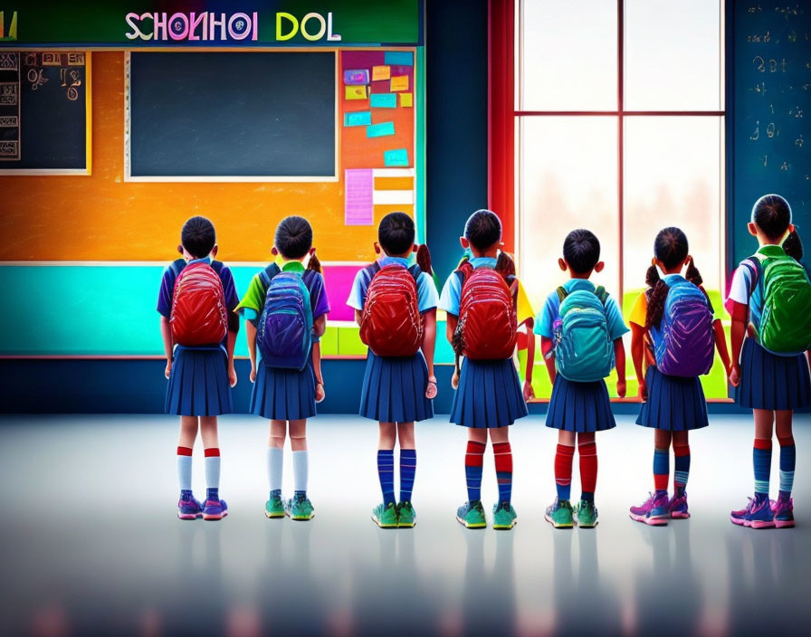 Children in Colorful Classroom with Backpacks and Blackboard