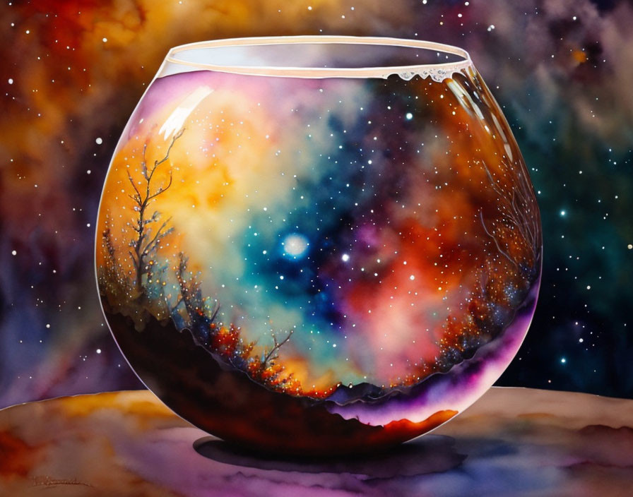 Watercolor painting: Fishbowl with forest and starry night blend