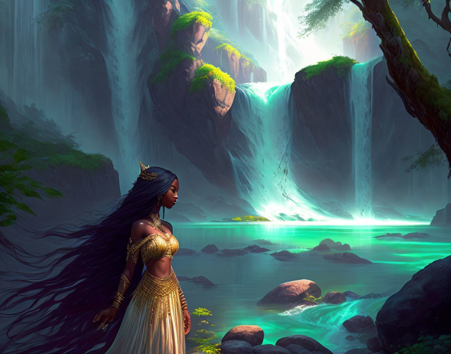 Graceful Woman in Golden Attire by Serene Lake with Waterfalls