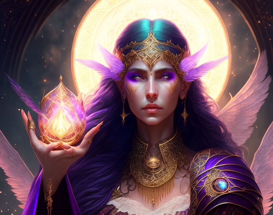 Fantasy digital artwork: Woman with violet eyes holding glowing orb