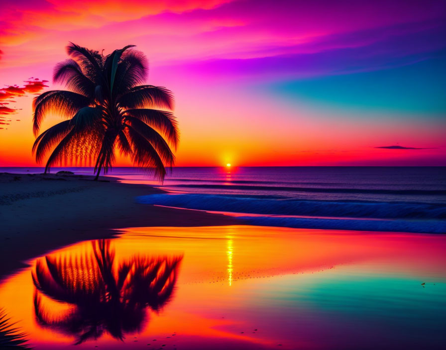 Tropical beach sunset with palm trees and colorful sky