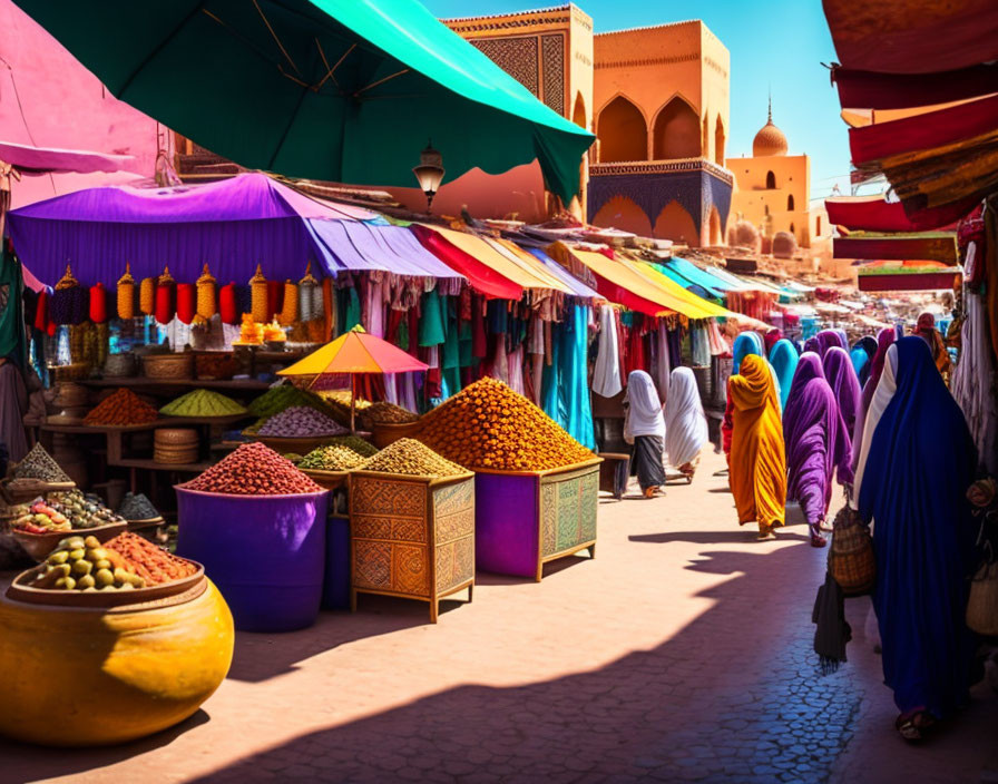 Vibrant Moroccan bazaar with colorful spice stalls and traditional attire.