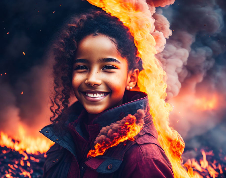 Curly Haired Girl Smiling in Red Jacket with Fiery Background