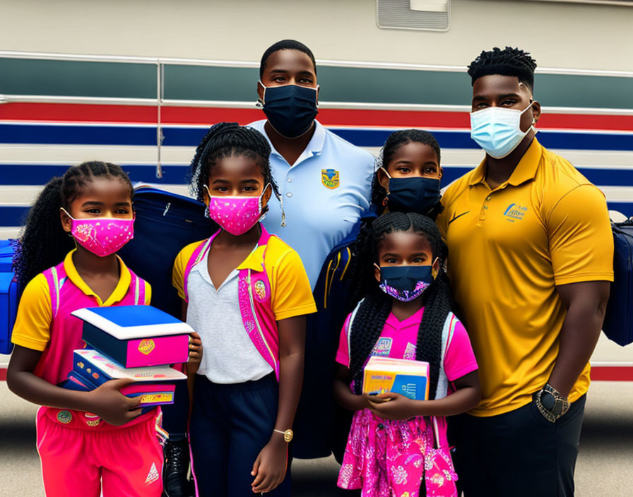 Group photo with three girls holding books, two men in sports attire, all wearing masks, against striped