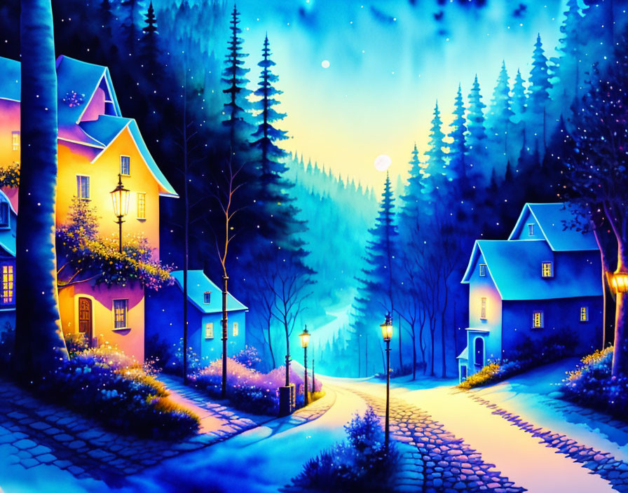 Vibrant painting: Snowy village at night with starry sky