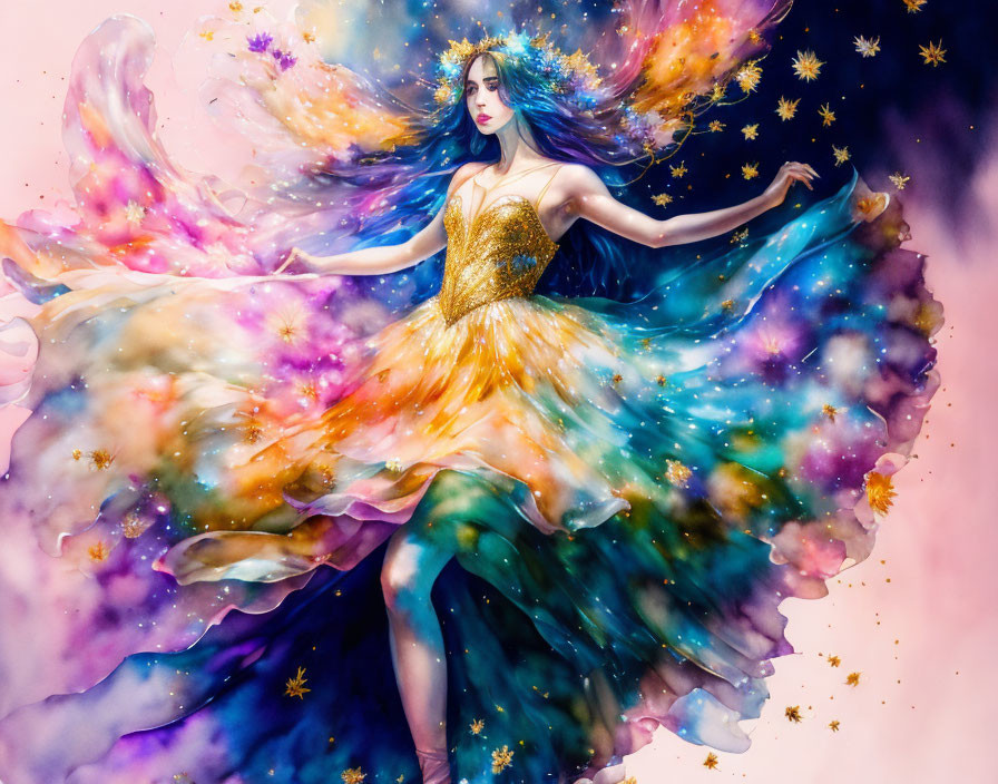 Colorful painting of woman with blue hair in cosmic dress on vibrant nebulous backdrop