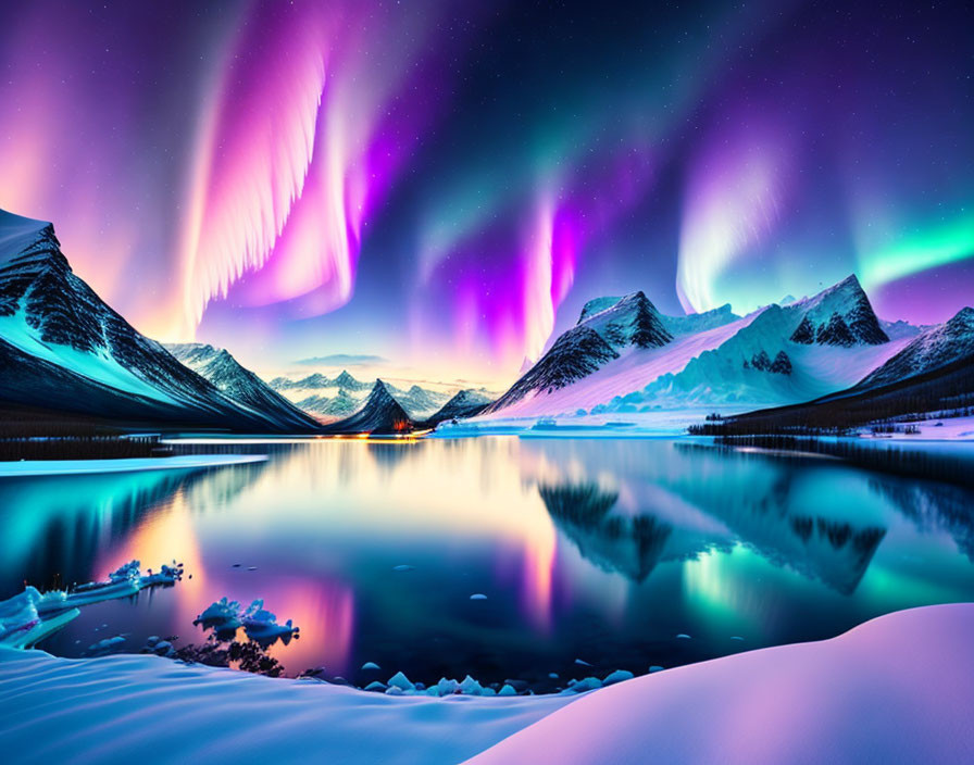 Colorful Aurora Borealis Over Snowy Mountain Landscape