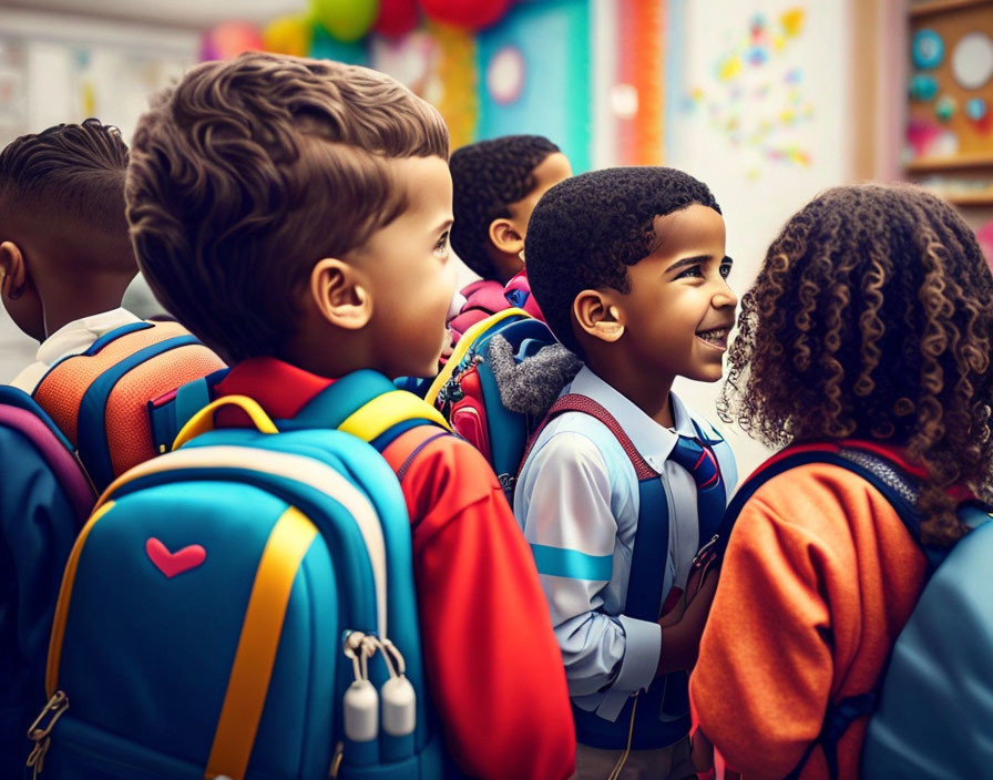 Happy children with colorful backpacks in a festive classroom