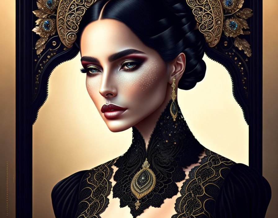 Detailed digital artwork: Woman in ornate gold headdress and black lace attire