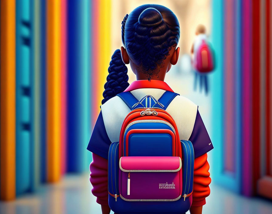 Young student with blue braid in vibrant school hallway