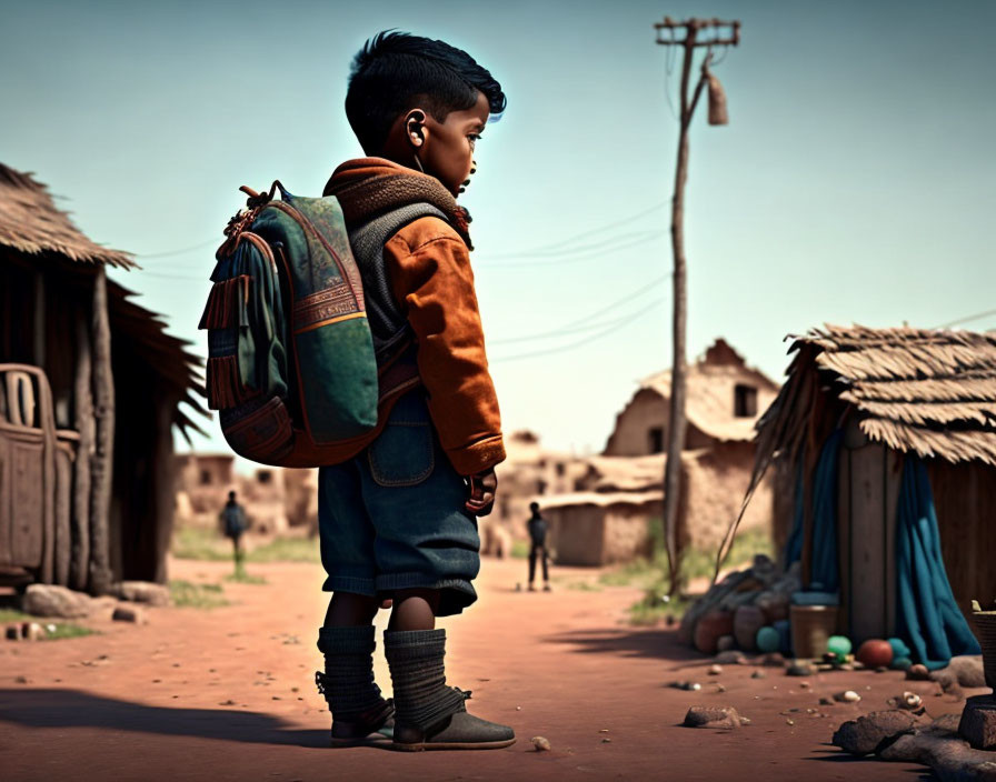 Young boy with backpack in rustic village, looking contemplative