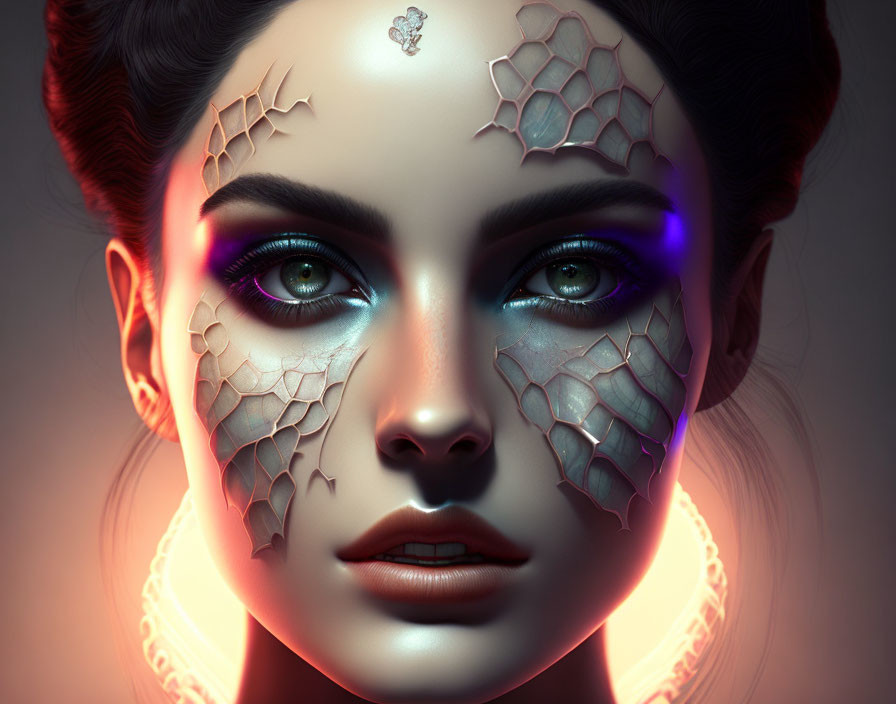 Digital Artwork: Woman with Glowing Blue Eyes and Cracked Honeycomb Skin