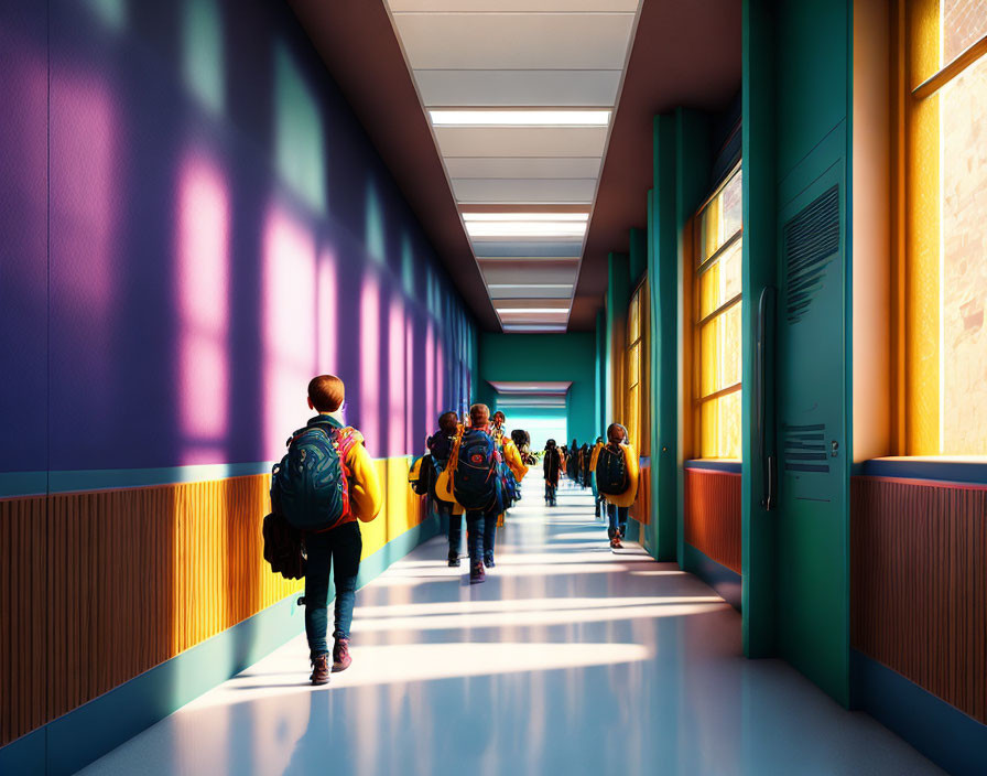 Vibrant school corridor with students and colorful walls